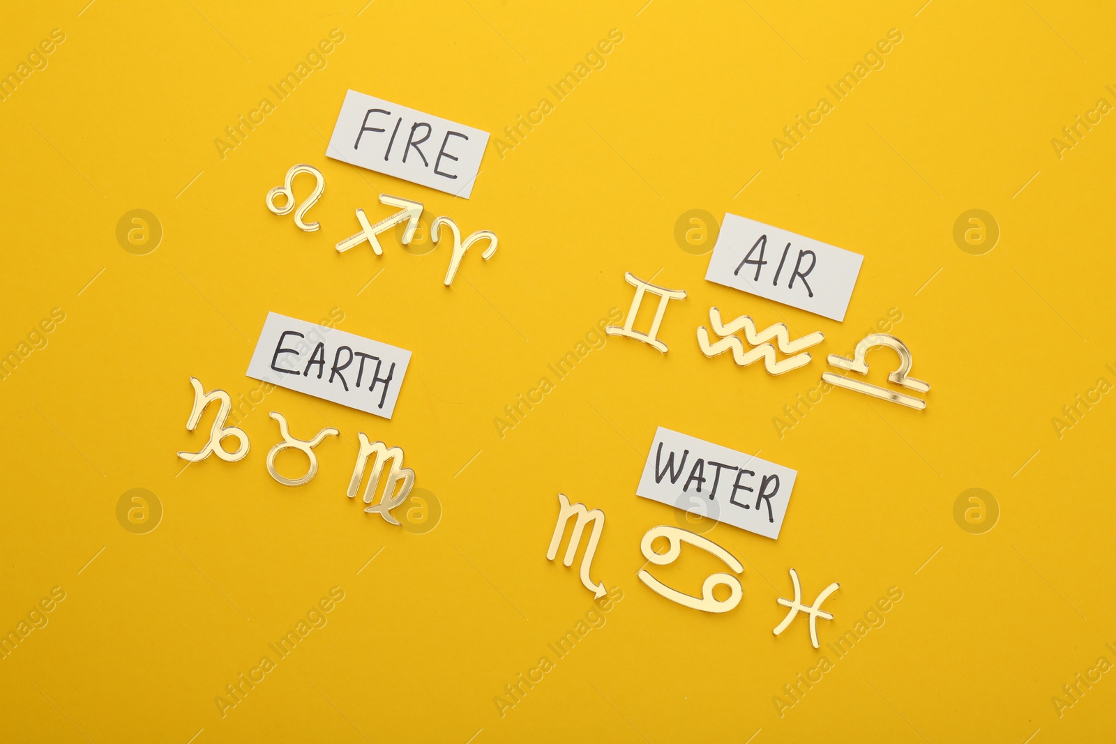 Photo of Zodiac triplicity. Four elements and corresponding signs on yellow background, flat lay