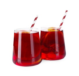 Photo of Christmas Sangria drink in glasses on white background