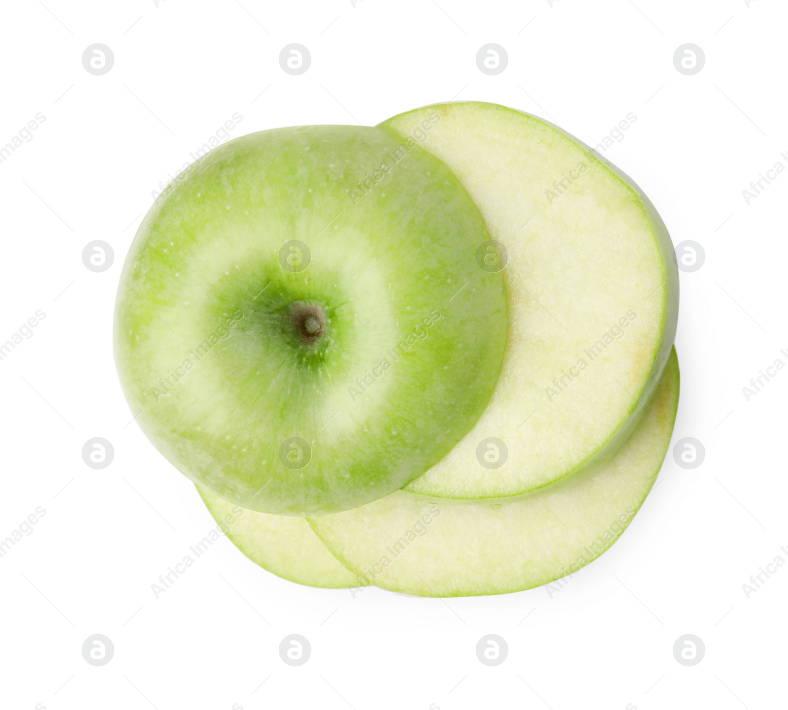 Photo of Sliced ripe green apple isolated on white, top view