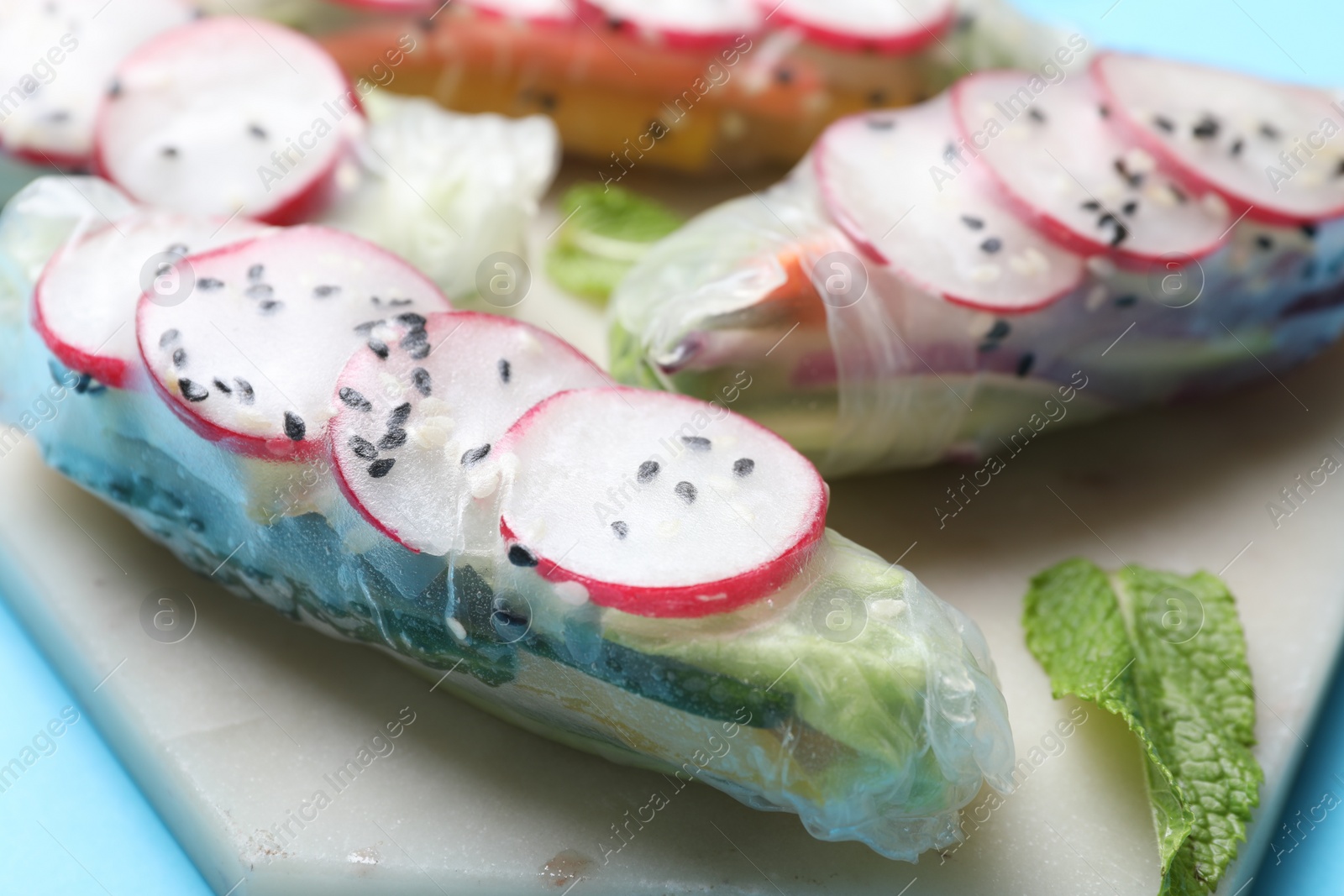 Photo of Delicious spring rolls and mint on light blue background, closeup