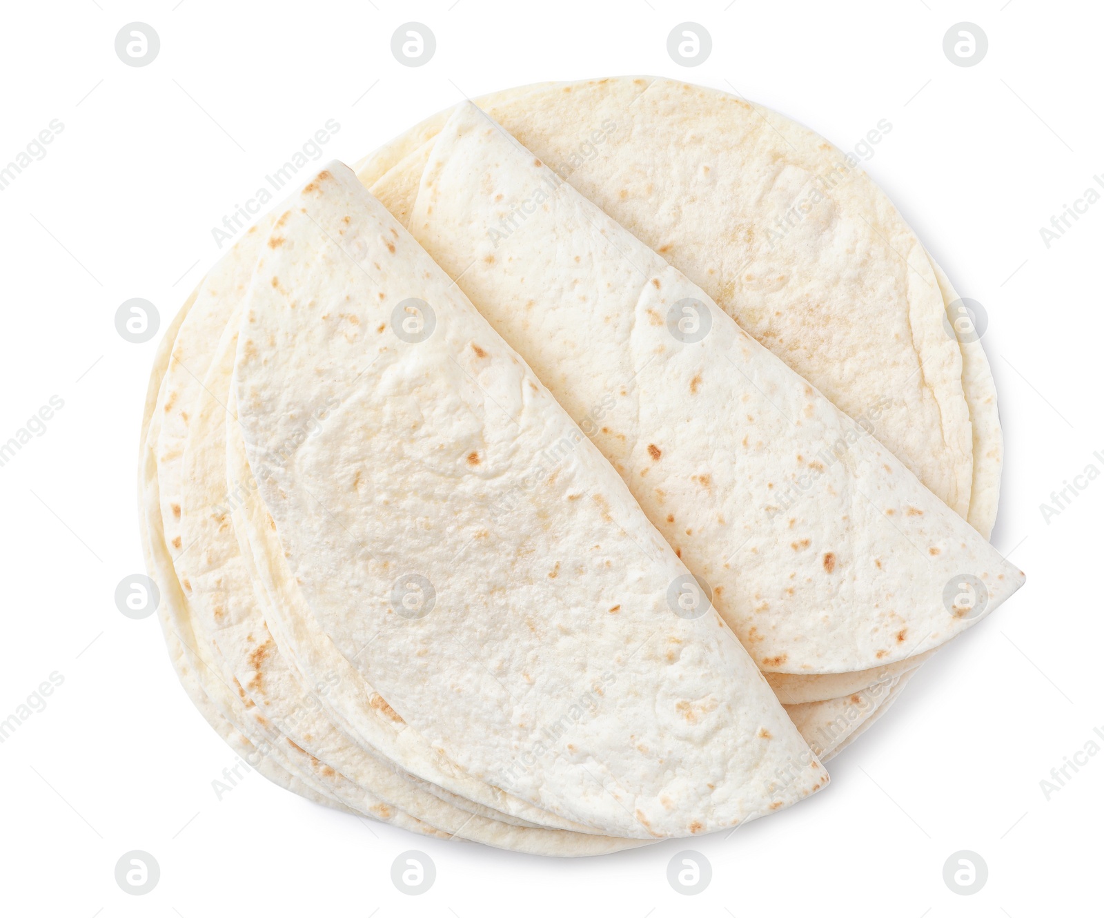 Photo of Corn tortillas on white background, top view. Unleavened bread