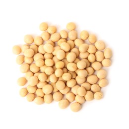 Pile of raw soya beans on white background, top view. Vegetable planting