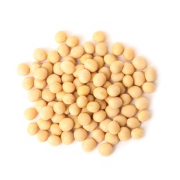 Photo of Pile of raw soya beans on white background, top view. Vegetable planting