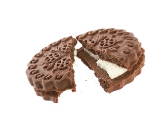 Photo of Broken tasty chocolate sandwich cookie with cream on white background