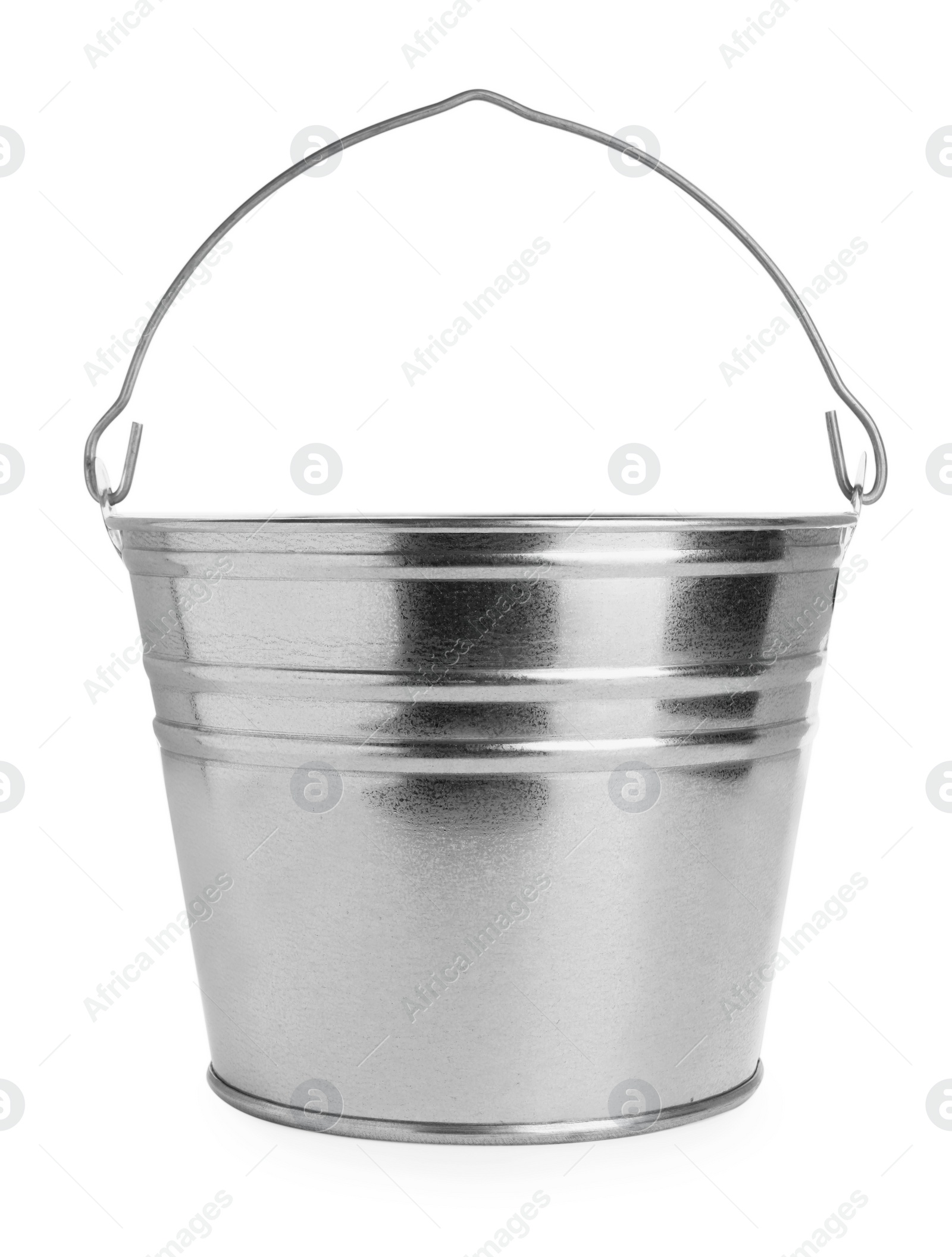 Photo of One shiny metal bucket isolated on white