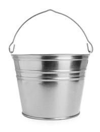 Photo of One shiny metal bucket isolated on white