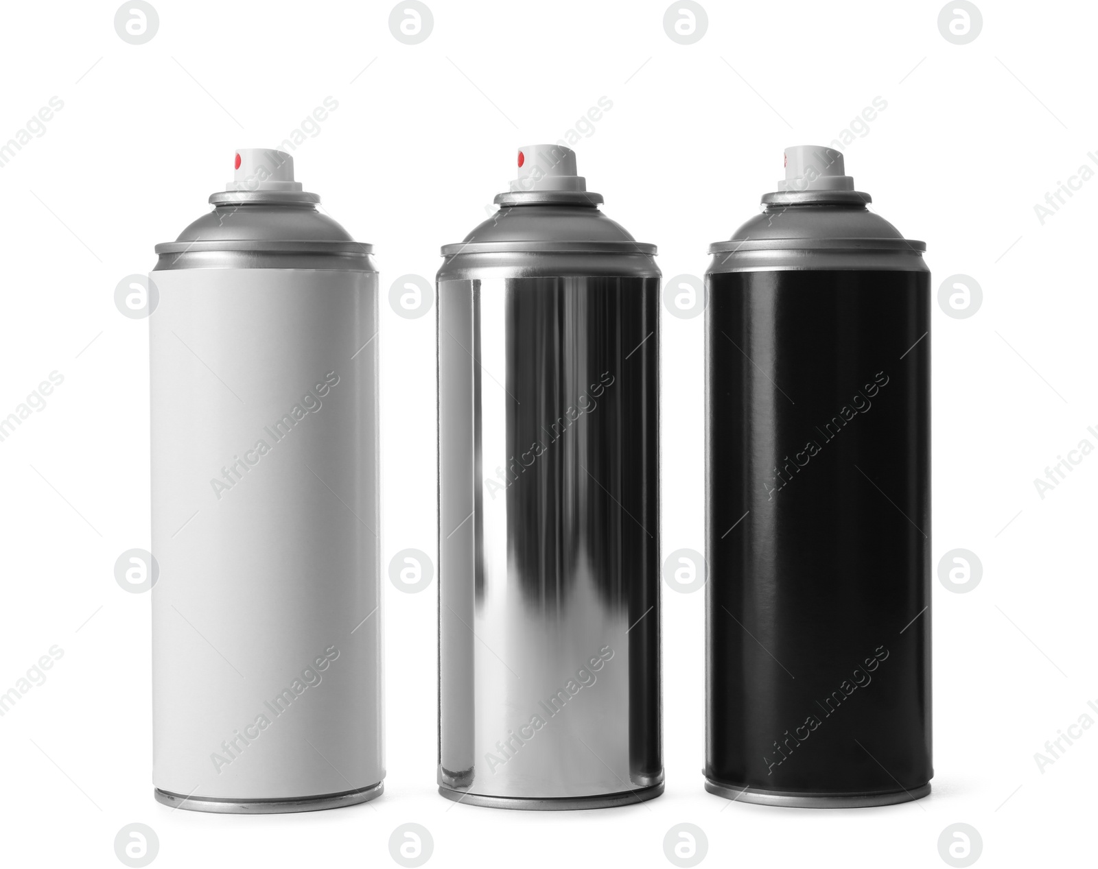 Photo of Cans of different spray paints on white background