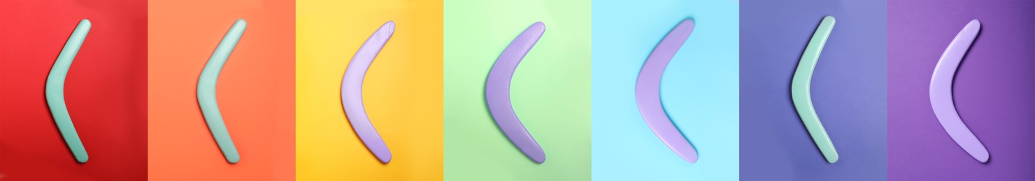 Collage with photos of boomerangs on different color backgrounds, top view. Banner design  