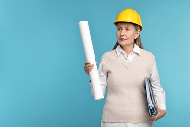 Photo of Architect in hard hat with draft and folder on light blue background, space for text