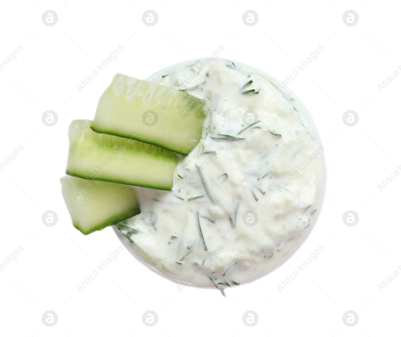 Photo of Bowl with cucumber sauce on white background, top view