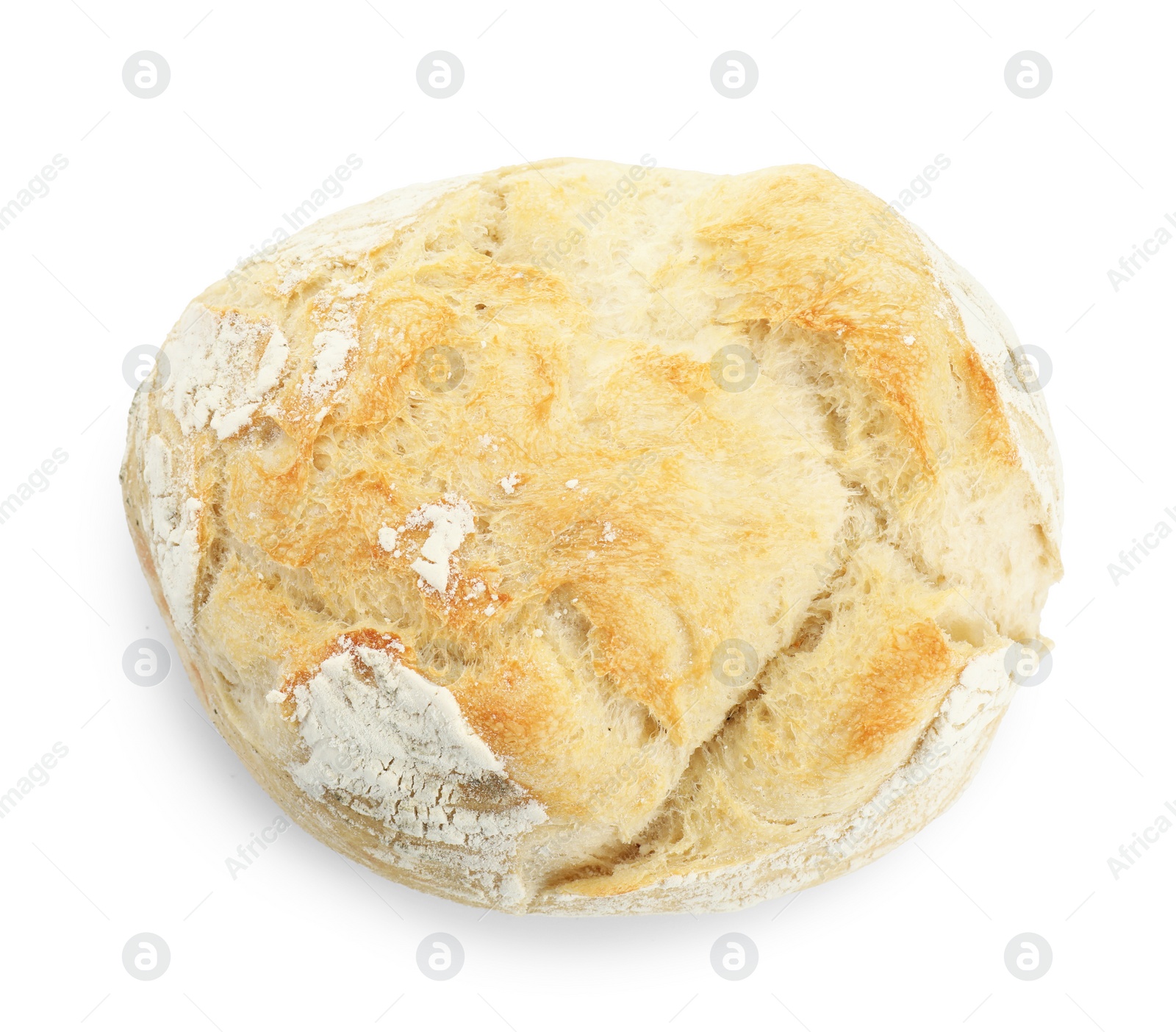 Photo of Freshly baked sourdough bread isolated on white, top view