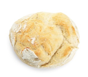 Photo of Freshly baked sourdough bread isolated on white, top view