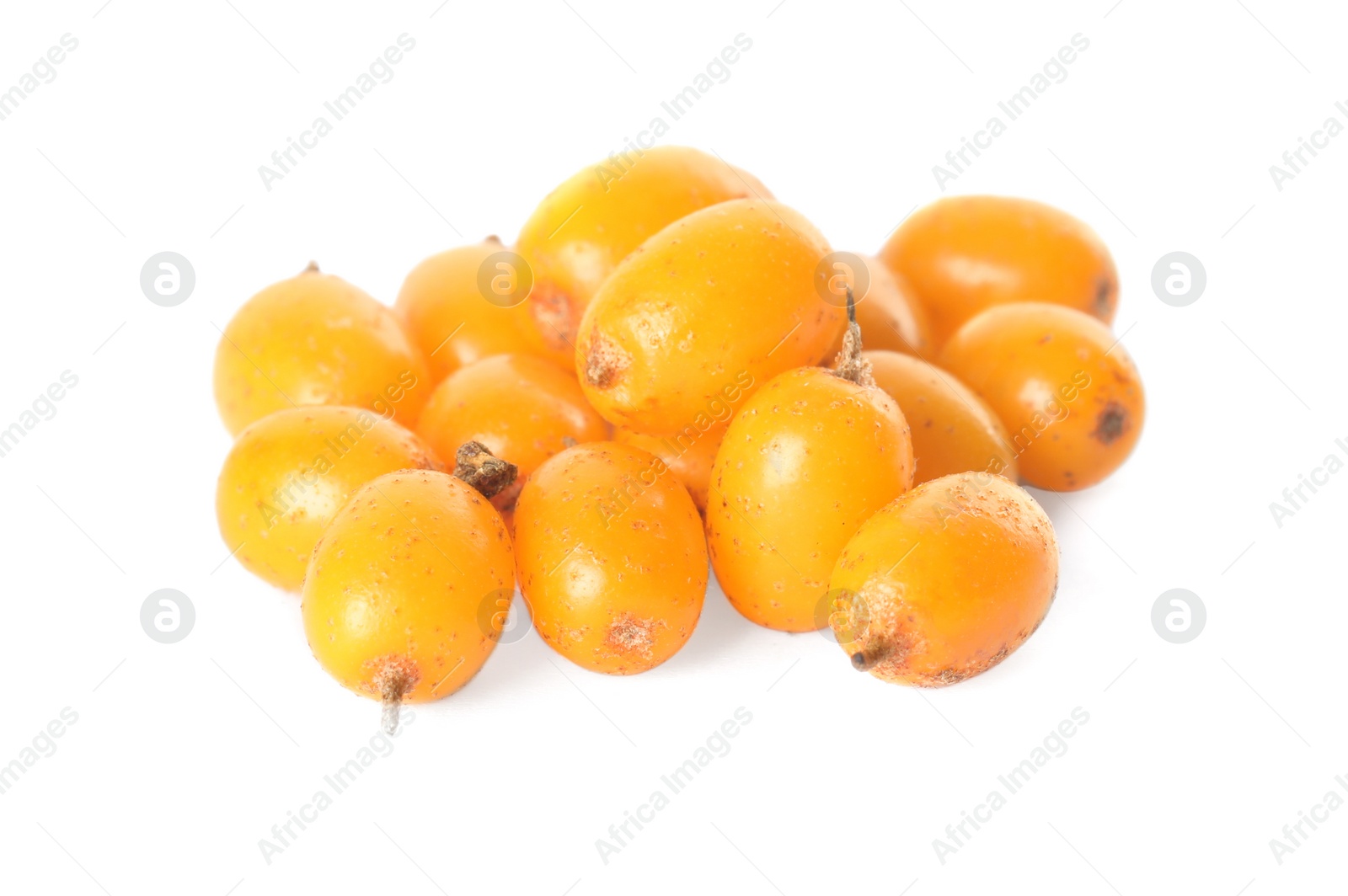 Photo of Fresh ripe sea buckthorn berries on white background