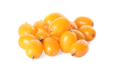 Photo of Fresh ripe sea buckthorn berries on white background