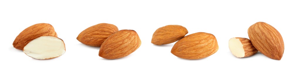 Set with tasty almond nuts on white background. Banner design