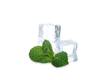 Photo of Ice cubes and mint on white background