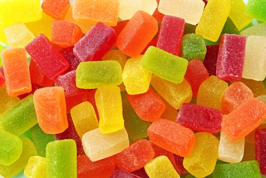 Different colorful sweet jelly candies, top view