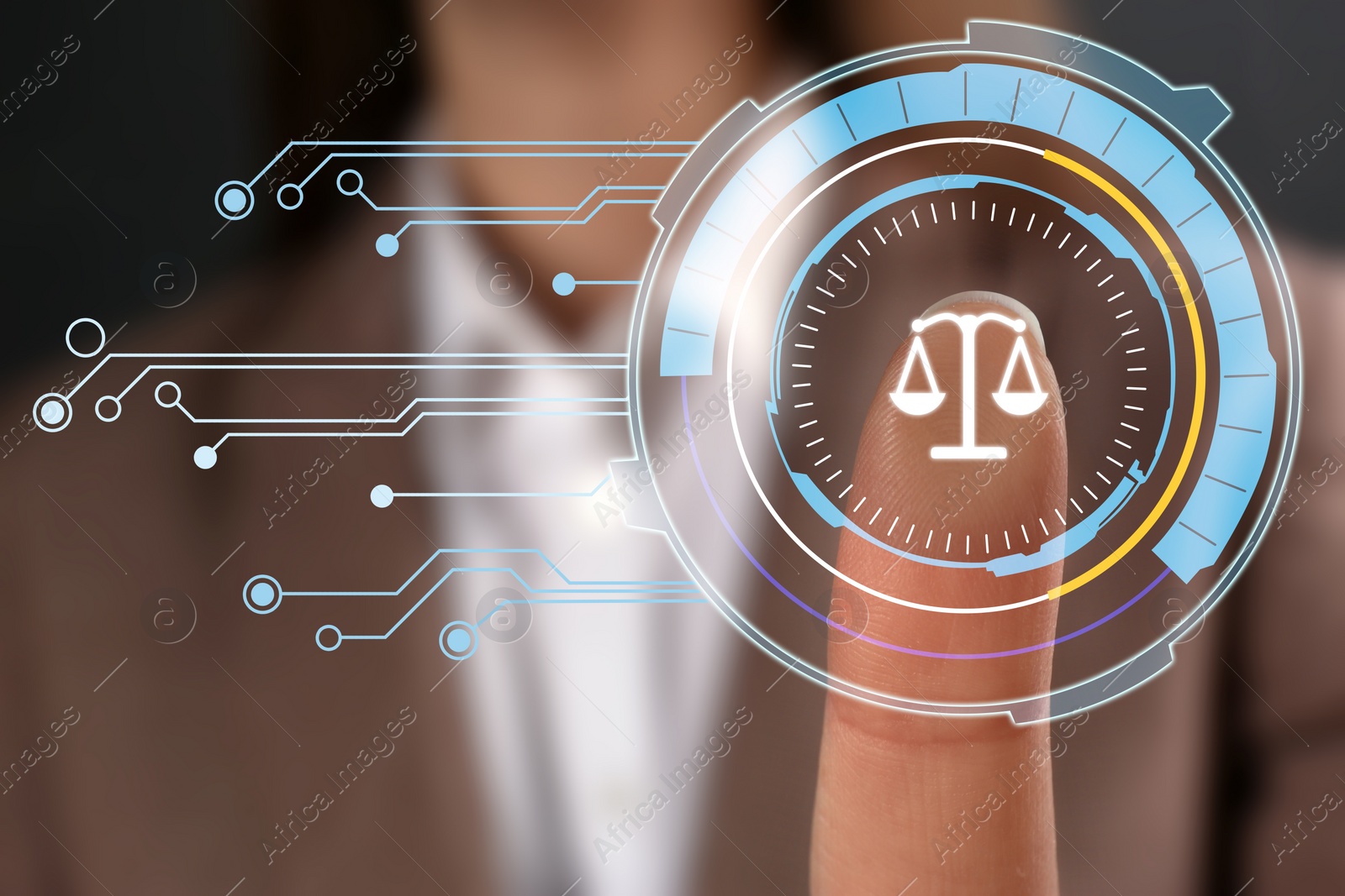 Image of Lawyer touching virtual screen with scales icon, closeup 