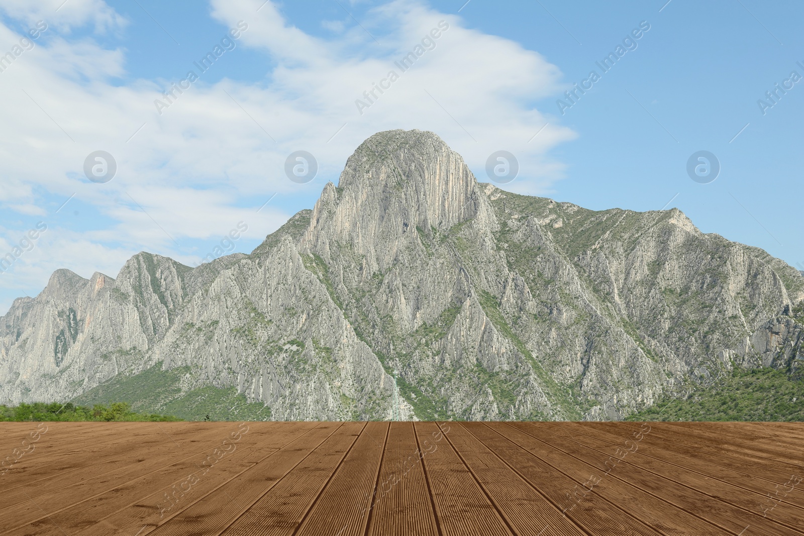 Image of Empty wooden surface and beautiful view of mountain landscape