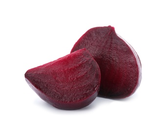 Photo of Cut boiled beet on white background. Taproot vegetable