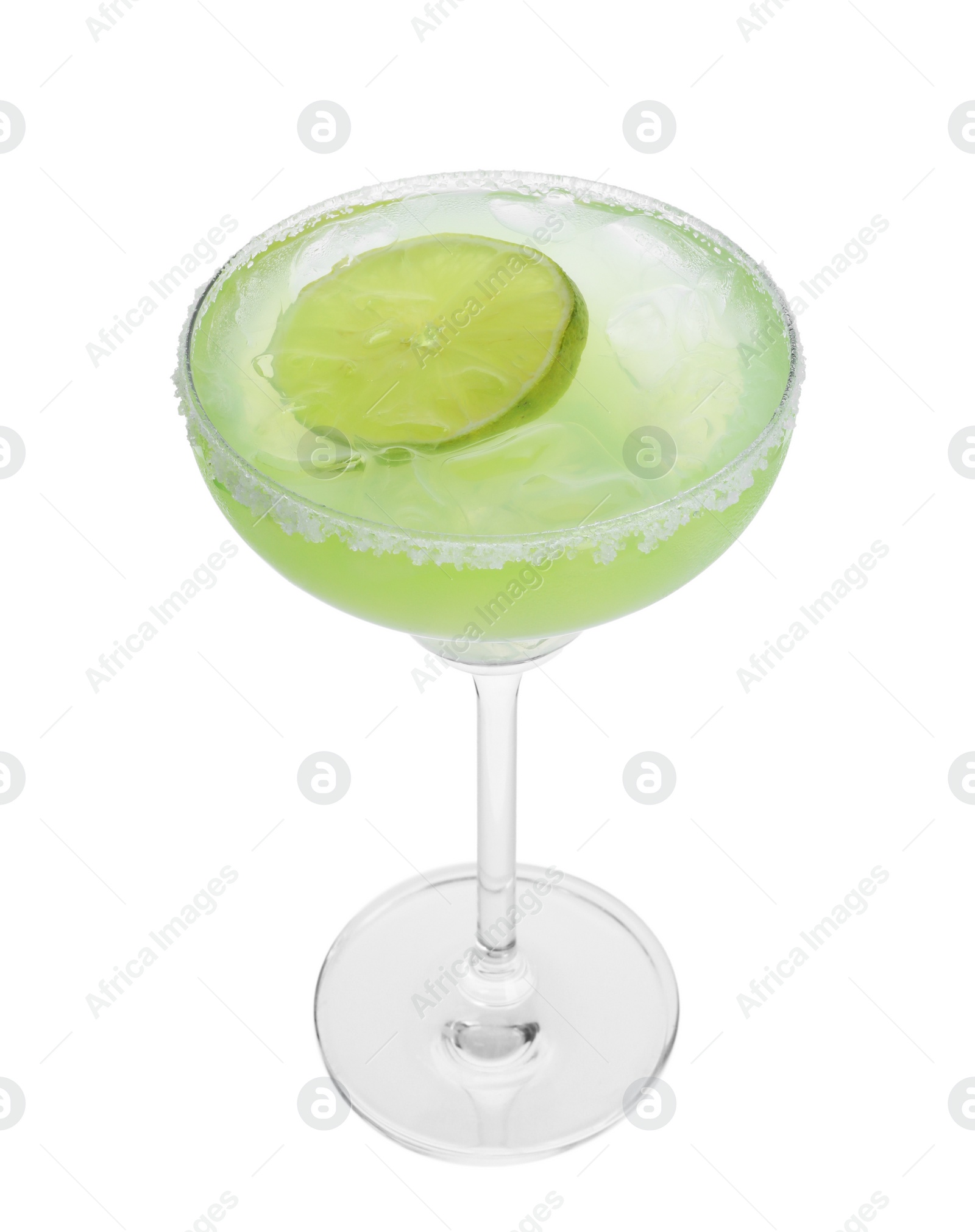 Photo of Delicious Margarita cocktail in glass isolated on white