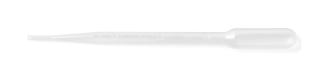 Photo of One transfer pipette on white background, top view