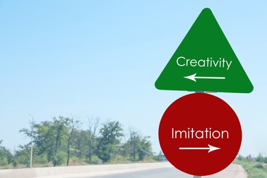 Image of Direction sIgns with words Creativity and Imitation outdoors, space for text. Plagiarism concept