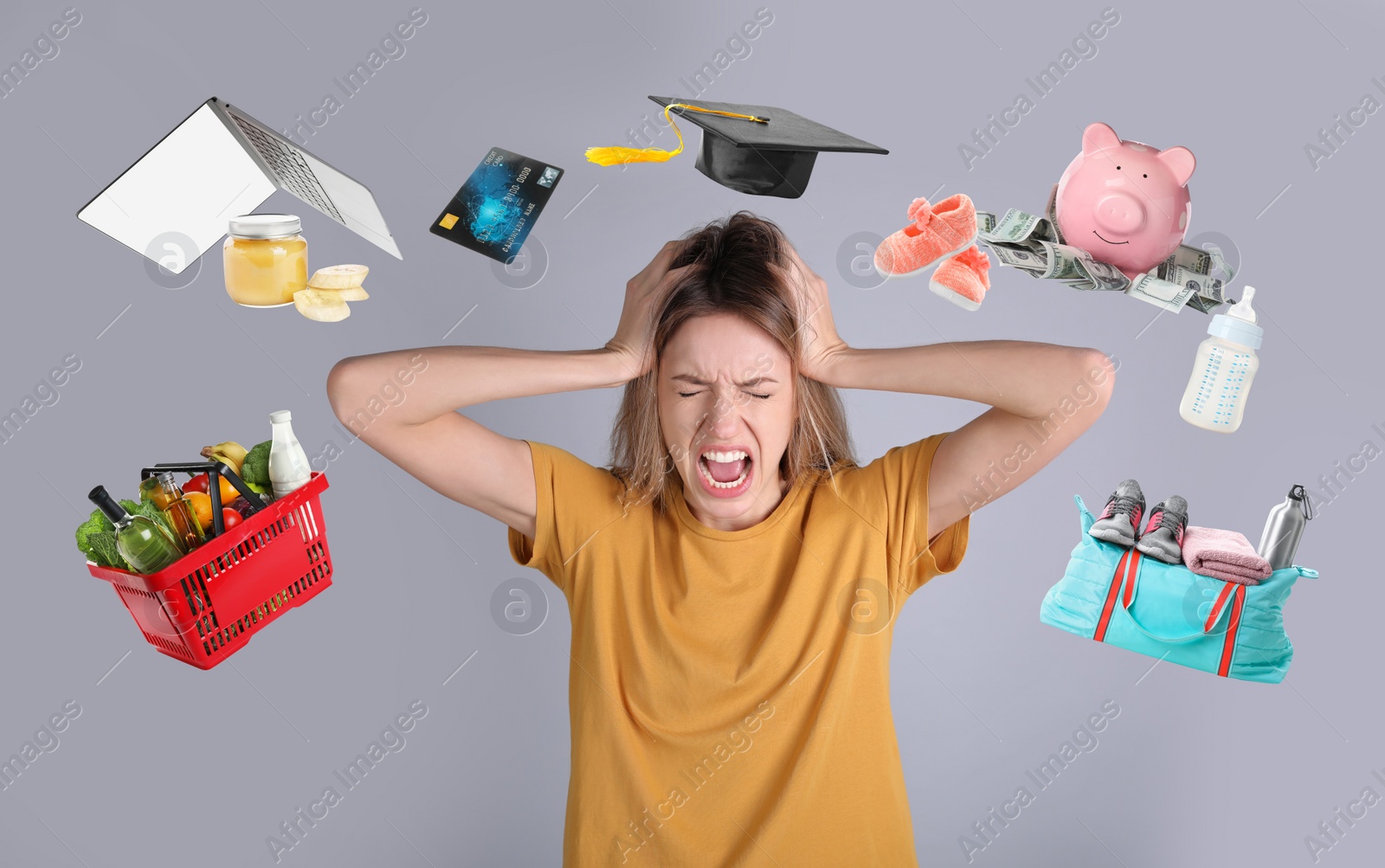 Image of Overwhelmed woman and different objects around her on light grey background