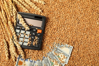 Photo of Dollar banknotes, calculator and wheat ears on grains, top view. Agricultural business