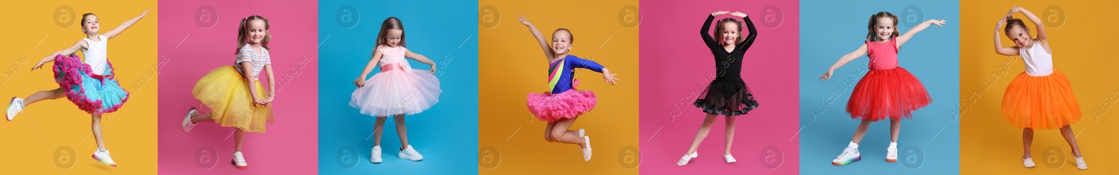 Image of Cute little girls dancing on different colors backgrounds, collection of photos