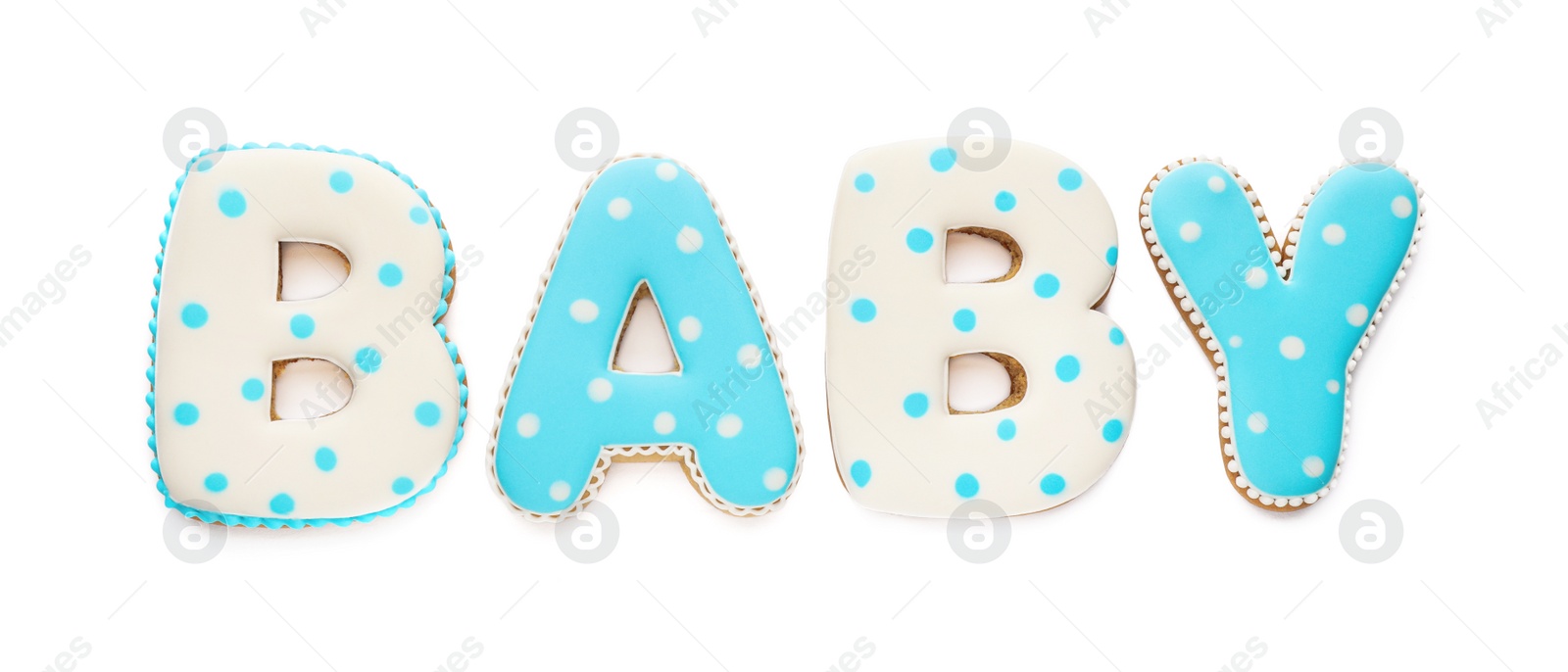 Photo of Word BABY made of tasty cookies on white background, top view