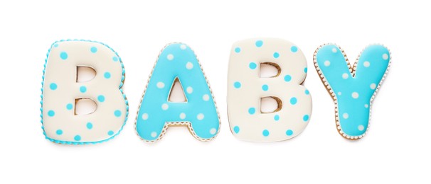 Photo of Word BABY made of tasty cookies on white background, top view