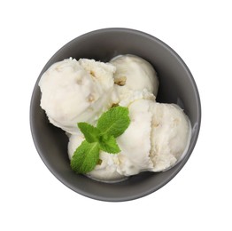 Photo of Delicious vanilla ice cream and mint leaves in bowl isolated on white, top view