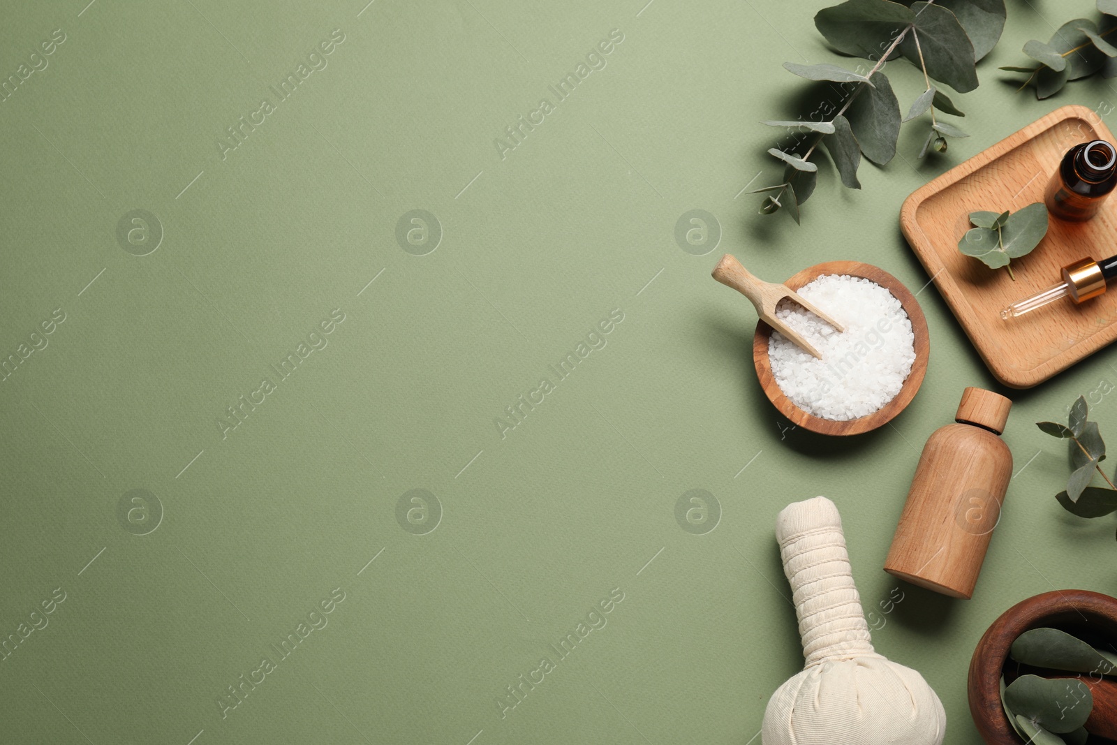 Photo of Different aromatherapy products and eucalyptus leaves on olive background, flat lay. Space for text