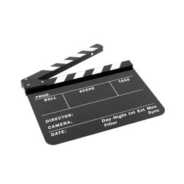 Photo of One movie clapper isolated on white. Film industry