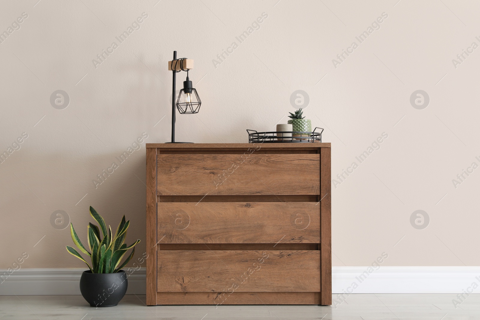 Photo of Wooden chest of drawers with houseplants and lamp near beige wall in room