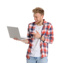 Happy man with laptop on white background