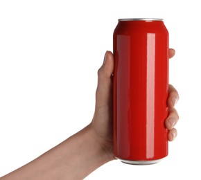 Photo of Woman holding red aluminum can on white background, closeup