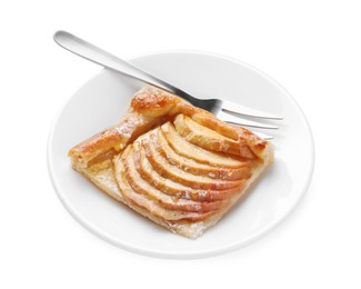 Photo of Plate with piece of delicious apple pie and fork isolated on white