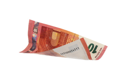 Photo of Euro banknote isolated on white. Flying money