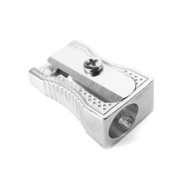 Photo of Shiny metal pencil sharpener isolated on white