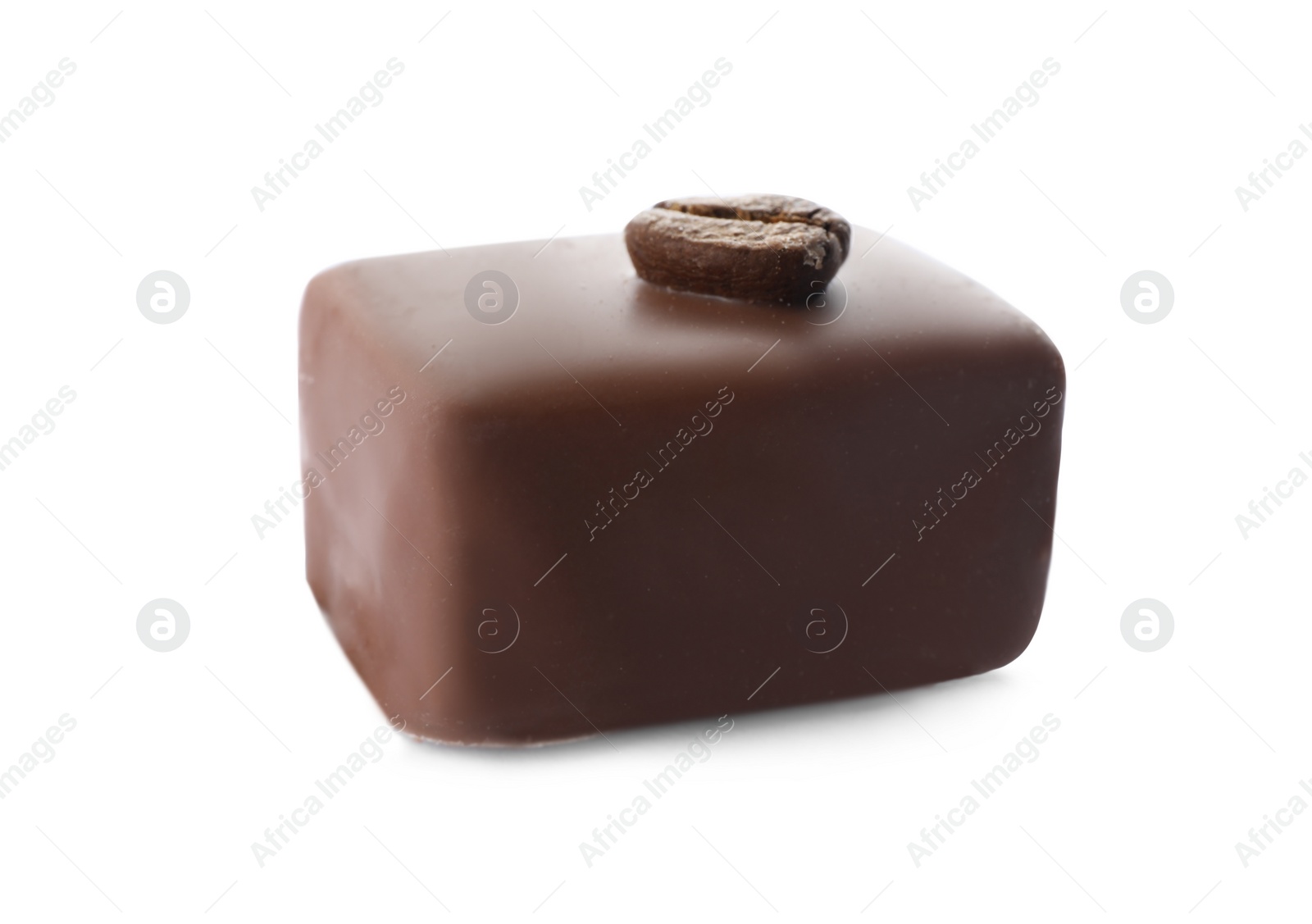 Photo of Delicious milk chocolate candy with coffee bean isolated on white