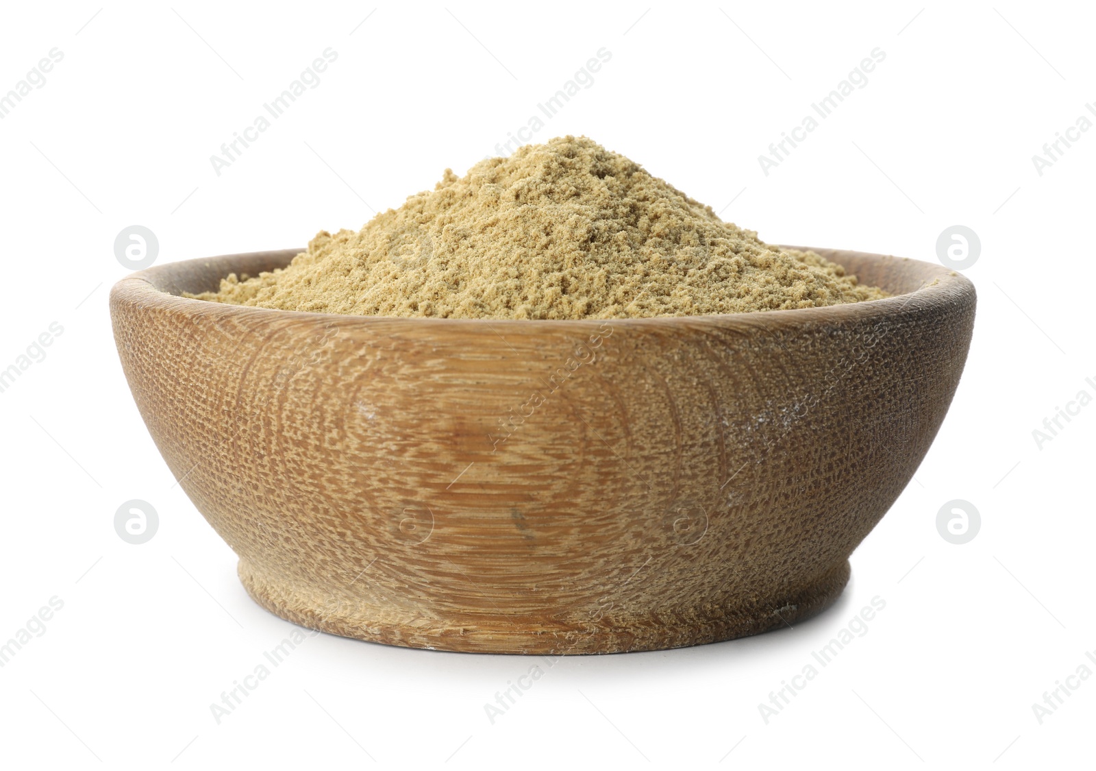 Photo of Bowl of pumpkin seed flour isolated on white