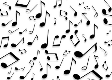 Many music notes flying on white background