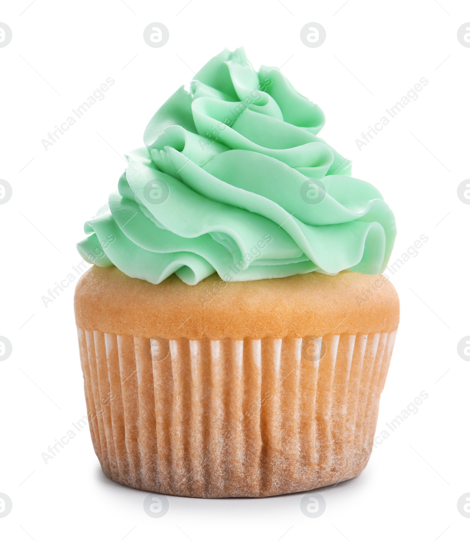 Photo of Delicious cupcake with cream on white background