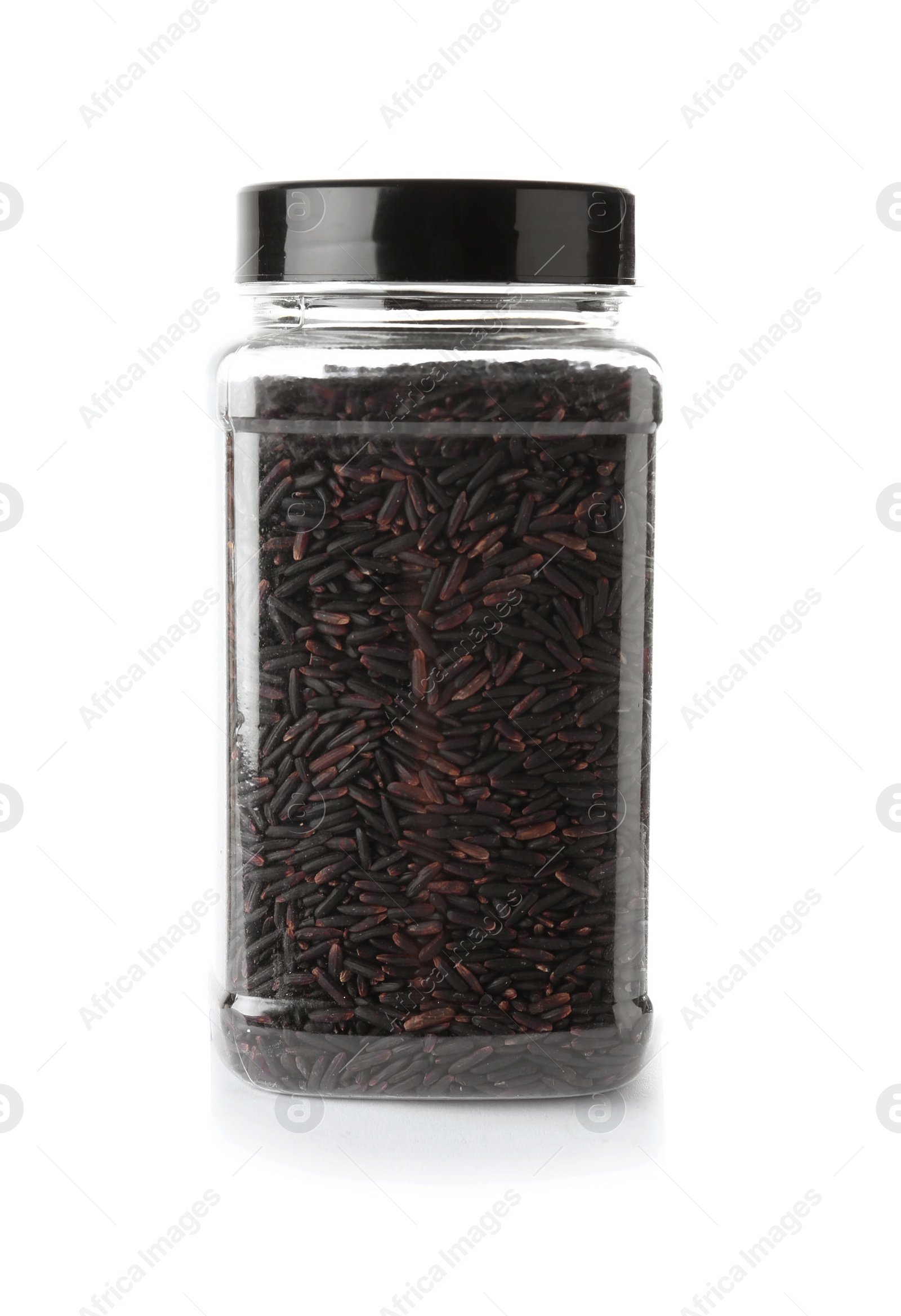 Photo of Jar with uncooked black rice on white background