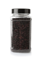 Jar with uncooked black rice on white background