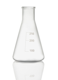 Photo of Empty conical flask isolated on white. Laboratory glassware