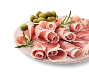 Plate with rolled slices of delicious jamon, olives and rosemary isolated on white