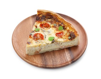 Photo of Piece of delicious homemade quiche with prosciutto, tomatoes and greens isolated on white